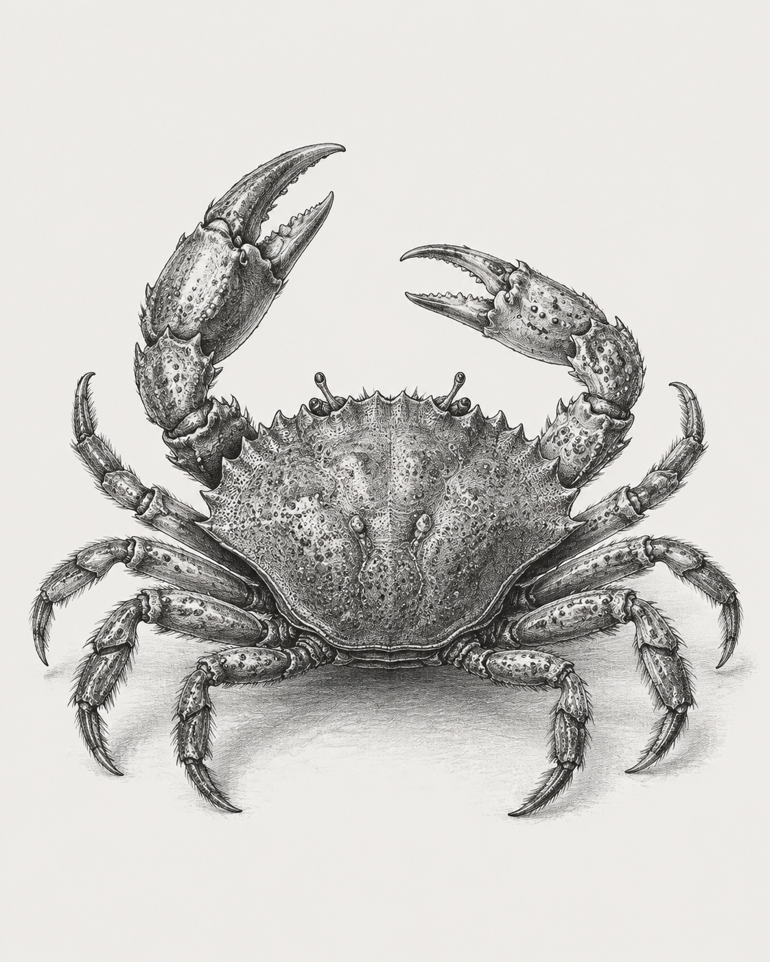 A detailed monochrome engraving of a crab with raised claws